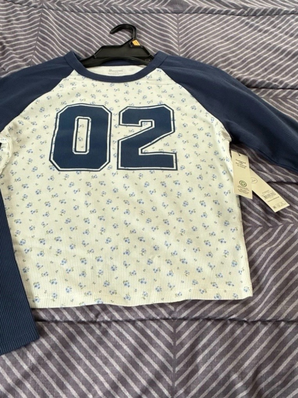 No Boundaries Navy & White Raglan Long Sleeve Tee with '02' Graphic